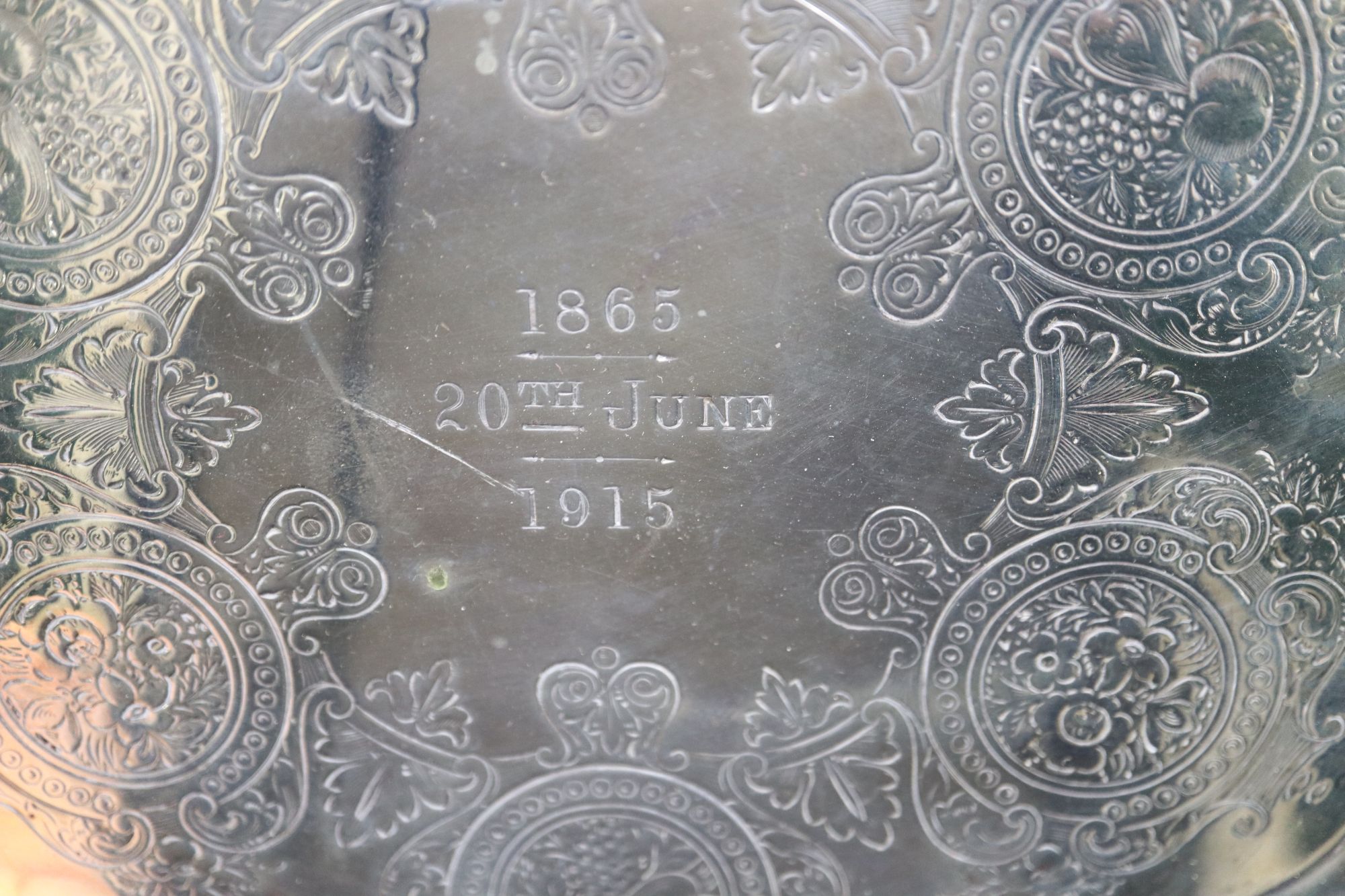 A George V silver salver, with engraved inscription, Barker Brothers, Chester, 1914, 20.7cm, 11oz.